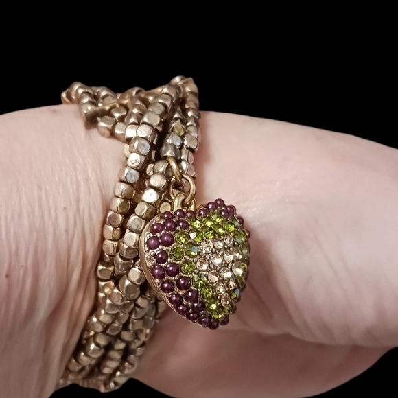 Jessica Simpson Y2K GREEN Pave HEART BEADED Multi-Strand Bracelet Sparkle CUTE - Picture 3 of 7